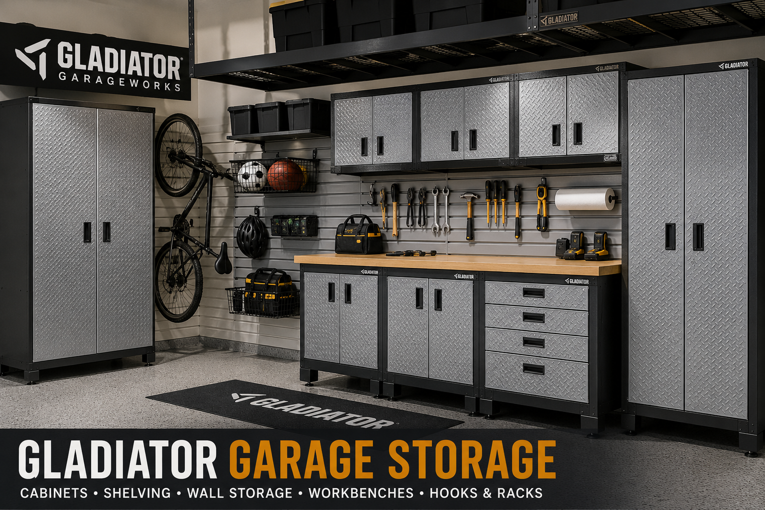 Gladiator garage storage collection featuring garage cabinets, shelving, wall storage systems, hooks, racks, workbenches, and organized garage storage.
