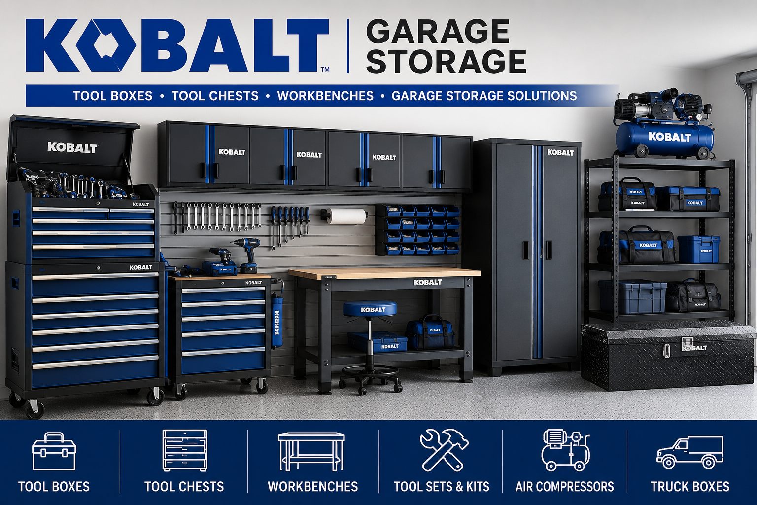 Kobalt garage storage collection featuring tool boxes, tool chests, workbenches, truck boxes, air compressors, tool kits, and organized garage tool storage.