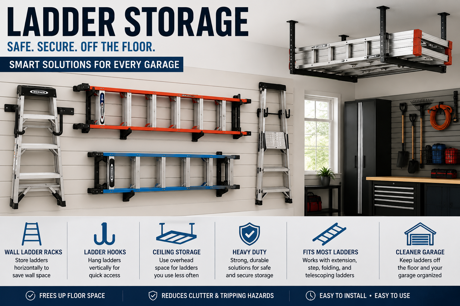 Ladder storage collection featuring garage ladder racks, wall-mounted ladder hooks, ceiling ladder storage, utility hooks, and organized garage wall storage.