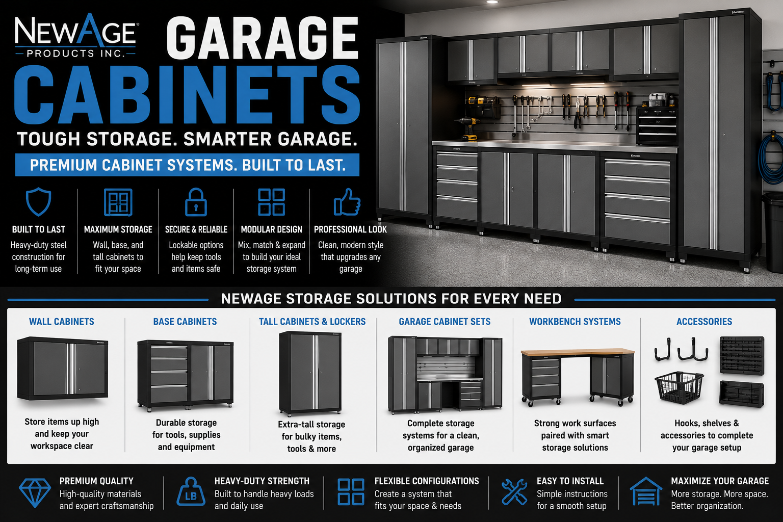 NewAge garage cabinets collection featuring garage cabinet sets, wall cabinets, base cabinets, tall storage cabinets, workbench systems, and organized garage storage.