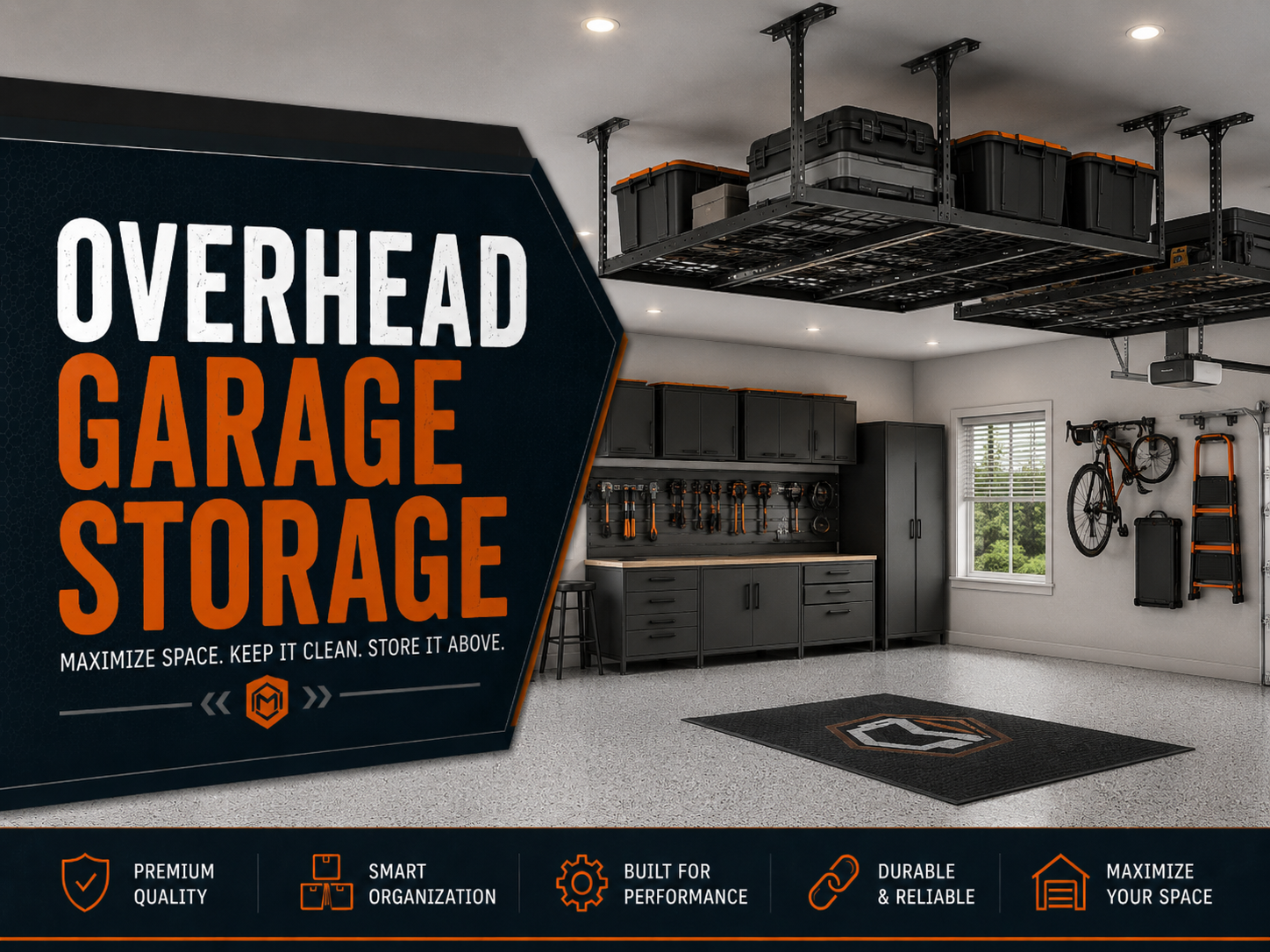 Overhead garage storage collection featuring ceiling-mounted garage storage racks, storage bins, pulley systems, overhead shelves, and organized garage ceiling storage.