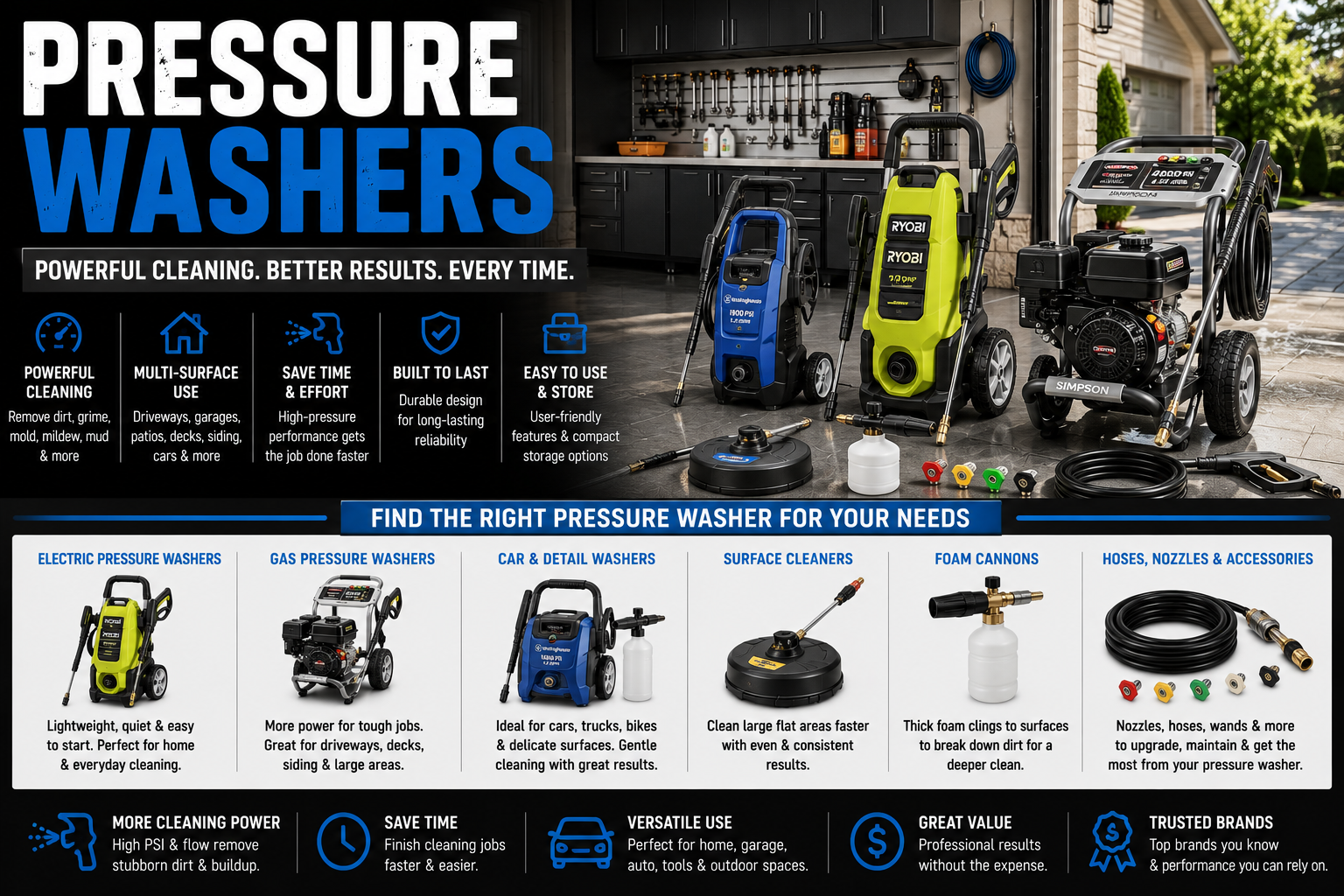 Pressure washers collection featuring electric pressure washers, gas pressure washers, car pressure washers, driveway cleaners, patio cleaners, hoses, nozzles, and garage cleaning products.