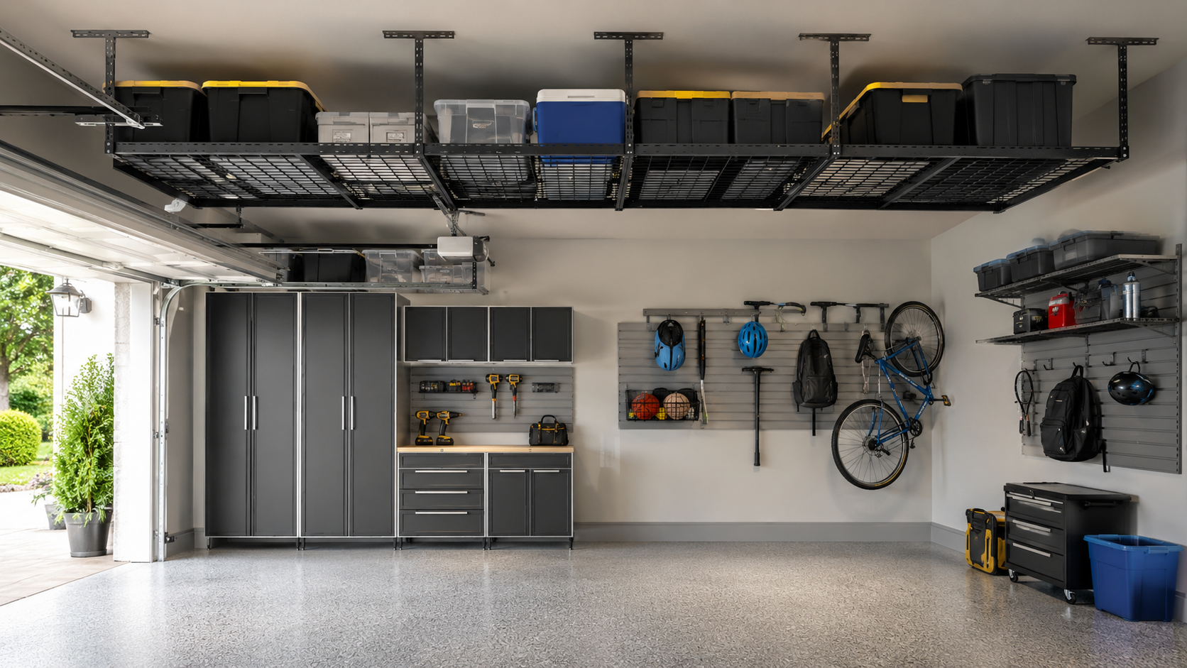 SafeRacks overhead garage storage collection featuring ceiling storage racks, garage shelving, wall shelves, hooks, 4x8 racks, combo kits, and organized garage storage.
