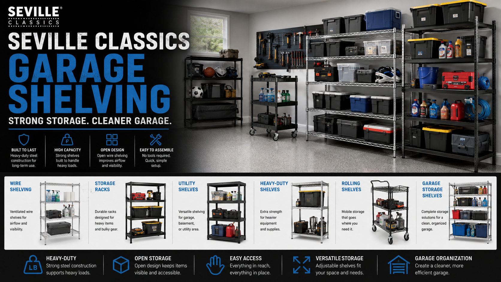 Seville Classics garage shelving collection featuring heavy-duty wire shelves, storage racks, utility shelving units, garage shelves, bins, and organized garage storage.