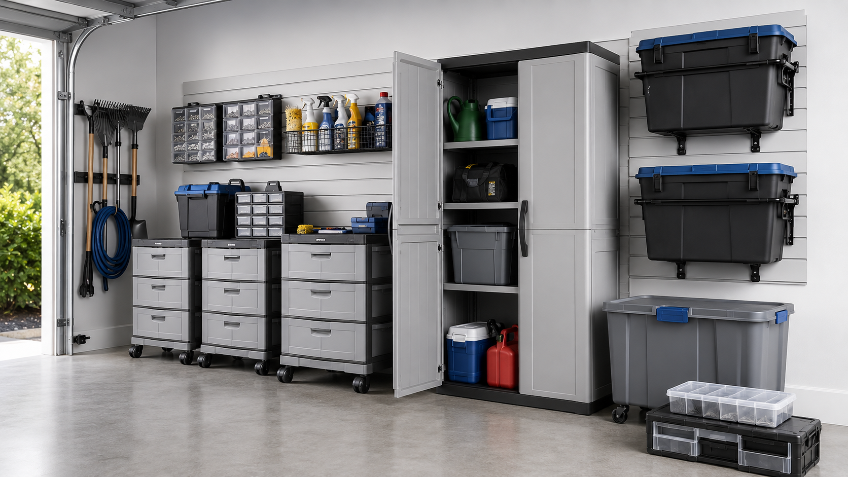 Sterilite garage storage collection featuring 4-drawer utility storage units, plastic garage cabinets, storage drawers, totes, rolling bins, and heavy-duty organizers.