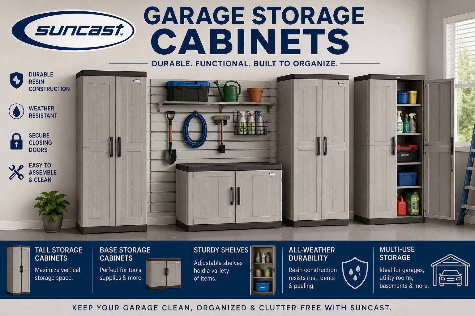 Suncast garage storage cabinets collection featuring tall resin utility cabinets, base cabinets, plastic garage cabinets, shelves, and organized garage storage.