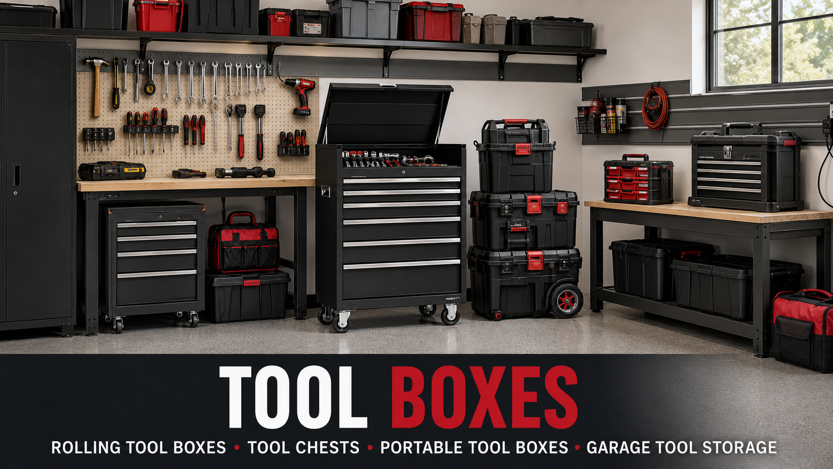 Tool boxes collection featuring rolling tool boxes, portable tool boxes, mechanic tool chests, garage tool storage, drawers, organizers, and workshop storage.
