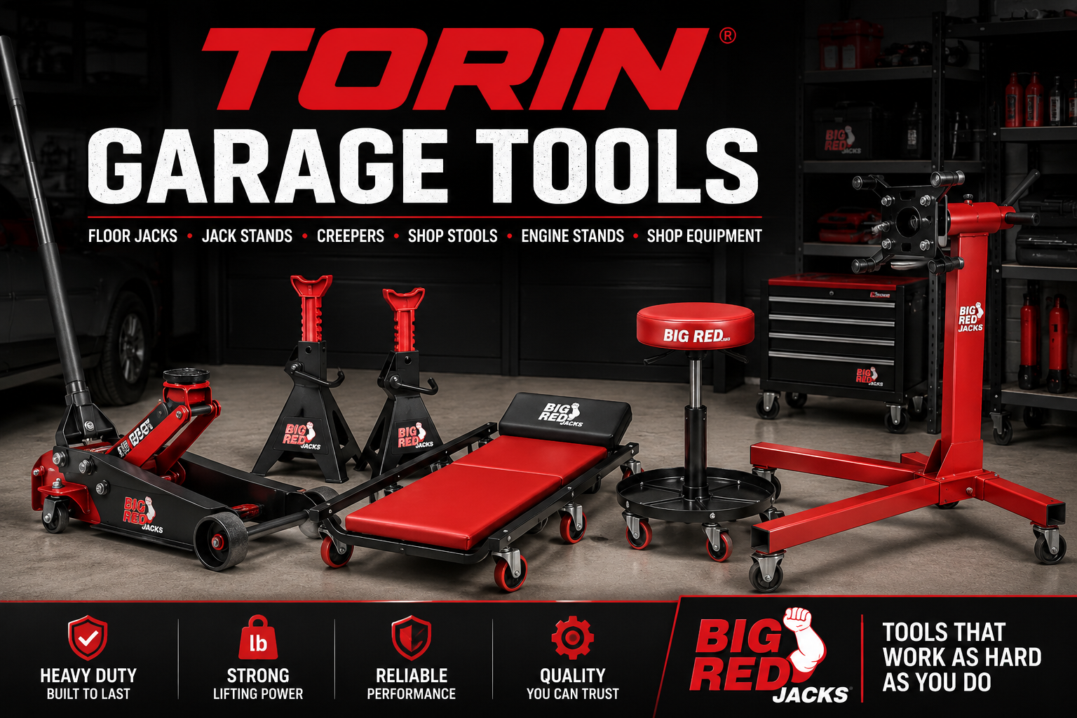 TORIN garage tools collection featuring floor jacks, jack stands, creepers, shop stools, engine stands, garage equipment, and automotive garage tools.
