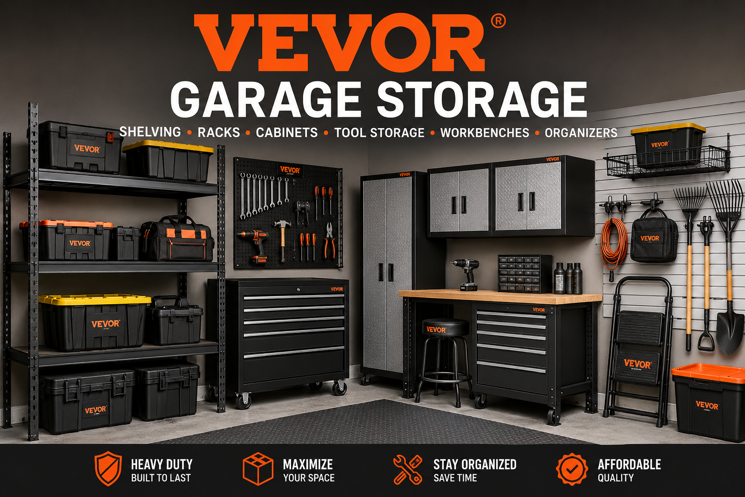 VEVOR garage storage collection featuring garage shelving, storage racks, tool storage, cabinets, workbenches, garage organizers, and heavy-duty garage products.
