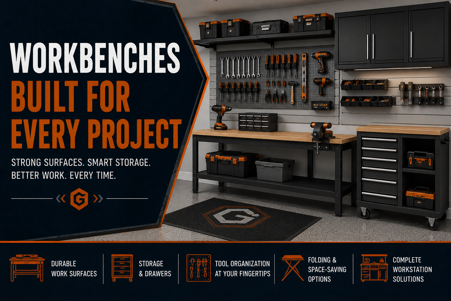 Workbenches collection featuring garage workbenches, storage workbenches, work tables, tool benches, drawers, pegboards, shelves, and organized garage workstations.