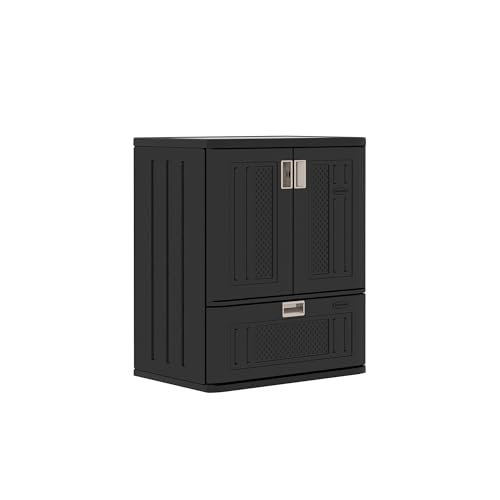 Suncast Base Storage Cabinet with Drawer for Garage Organization - Lockable Single-Drawer Organizer with Shelf for Garden Supplies, Paint Cans & Outdoor Tools, Multi-Wall Resin Construction, Black