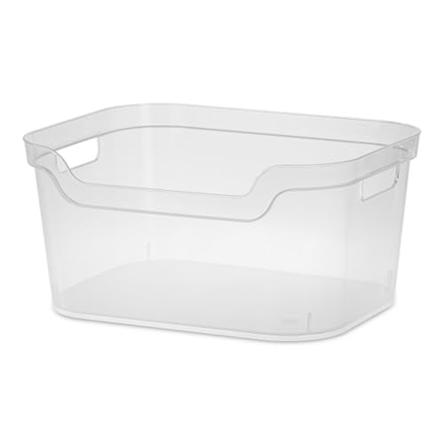 Sterilite 7 x 11 x 14.25 Inch Polished Open Scoop Front Storage Bin with Comfortable Carry Through Handles for Household Organization, Clear (12 Pack)