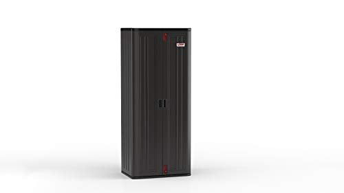 Suncast 19 Cubic Ft. Heavy-Duty Resin Cabinet with Lockable Handles, Multi-Wall Construction, and Metal-Reinforced Shelves for Basement, Utility Room and Garage Storage, Black, Made in the USA