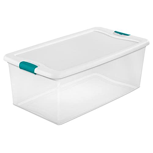 Sterilite Storage System Solution with 106 Quart Clear Latching Storage Tote, 4 Pack and 66 Quart Plastic Stackable Storage Tote, 4 Pack