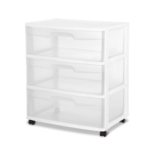 Sterilite Wide 3 Drawer Storage Cart, Plastic Rolling Cart with Wheels to Organize Clothes in Bedroom, Closet, White with Clear Drawers, 3-Pack