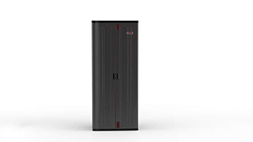 Suncast 19 Cubic Ft. Heavy-Duty Resin Cabinet with Lockable Handles, Multi-Wall Construction, and Metal-Reinforced Shelves for Basement, Utility Room and Garage Storage, Black, Made in the USA