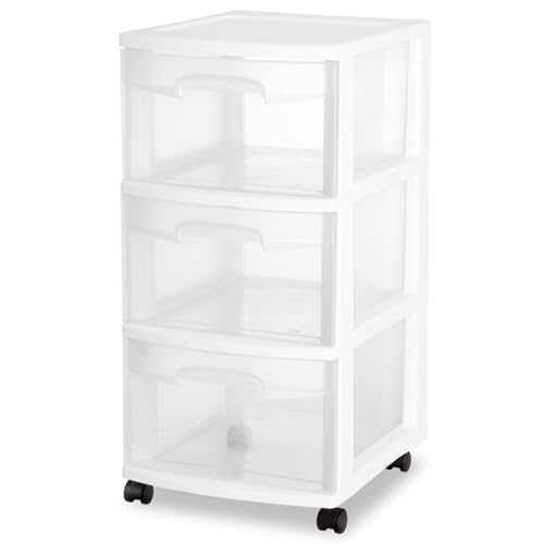 Sterilite 4 Pack Plastic Storage Organizer, 3 Drawer Rolling Bin Cart, Closet Organization, White