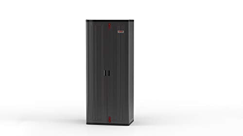 Suncast 19 Cubic Ft. Heavy-Duty Resin Cabinet with Lockable Handles, Multi-Wall Construction, and Metal-Reinforced Shelves for Basement, Utility Room and Garage Storage, Black, Made in the USA