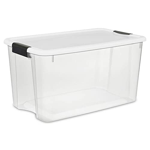 Sterilite Storage System Solution with 106 Quart Clear Latching Storage Tote, 4 Pack and 66 Quart Plastic Stackable Storage Tote, 4 Pack