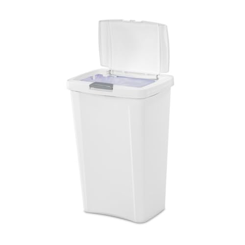 Sterilite 13 Gallon TouchTop Wastebasket Trash Can Garbage Recycle Bin with Titanium Latch for Kitchen, Garage, Basement, or Office, White (8 Pack)