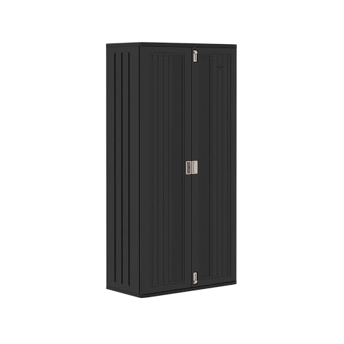 Suncast Mega Tall Storage Cabinet for Garage Organization - 31 Cu. Ft. Lockable Utility Closet with 3 Adjustable Shelves for Garden Supplies & Outdoor Tools, Multi-Wall Resin Construction, Black