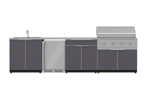 NewAge Products Outdoor Kitchen Island Aluminum Slate Gray 6 Piece Cabinet Set with Fridge, Liquid Propane 40" Performance Grill, Backyard Outdoor Grilling Set, 4-Burner BBQ 48000 BTU Gas Grill, 66312