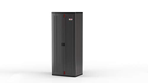 Suncast 19 Cubic Ft. Heavy-Duty Resin Cabinet with Lockable Handles, Multi-Wall Construction, and Metal-Reinforced Shelves for Basement, Utility Room and Garage Storage, Black, Made in the USA