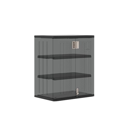 Suncast Base Storage Cabinet for Garage Organization - 9 Cu. Ft. Lockable 2-Shelf Organizer for Garden Supplies, Paint Cans & Outdoor Tools, Multi-Wall Resin Construction, Black