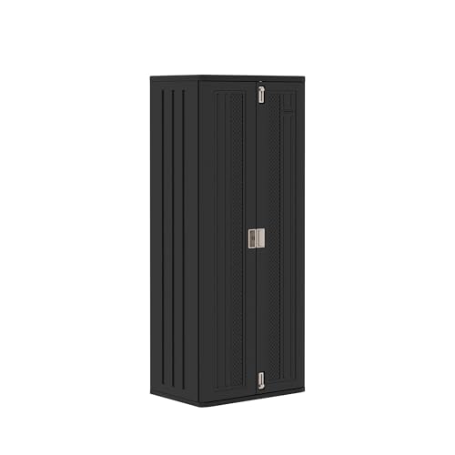 Suncast Tall Storage Cabinet for Garage Organization - 72" Freestanding Utility Closet with Shelving for Garden Supplies, Paint Cans & Outdoor Tools, Multi-Wall Resin Construction, Black
