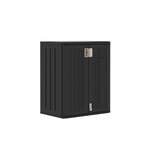 Suncast Base Storage Cabinet for Garage Organization - 9 Cu. Ft. Lockable 2-Shelf Organizer for Garden Supplies, Paint Cans & Outdoor Tools, Multi-Wall Resin Construction, Black