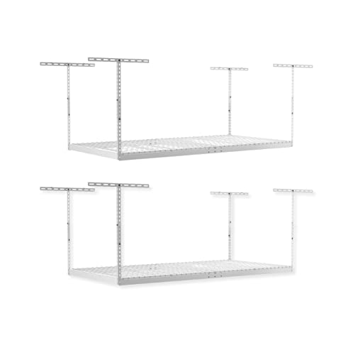 SafeRacks Overhead Garage Storage Rack, Heavy Duty Racks for Garage w/ 600 lb Capacity, Easy Garage Storage Adjustable Storage Rack Ceiling Mount Storage for Garage 4x8 White, 24"-45" (2 Pack)