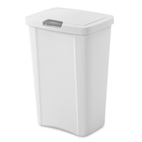 Sterilite 13 Gallon TouchTop Wastebasket Trash Can Garbage Recycle Bin with Titanium Latch for Kitchen, Garage, Basement, or Office, White (8 Pack)