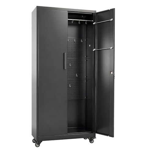 VEVOR Metal Storage Cabinet, 70.6 in Rolling Steel Garage Cabinet with Adjustable Shelves, 2 Magnetic Doors, Hanging Rod & 3 Rod Hooks, 5 Tiers Lockable Tool Storage for Pantry, Warehouse, Basement