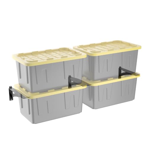 Koova Wall Mounted Tote Rack Storage System, Fits 27-Gallon Black and Yellow Commander Style Bins, Wall Mount Bracket Shelves for Garage Organization, Heavy Duty Steel, Made in USA (3-Piece Set)
