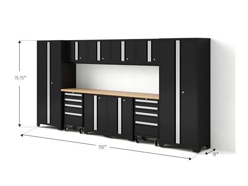 NewAge Products Bold Series Black 12PC Garage Cabinets Set with Tool, Base, Wall Cabinets, Bamboo Worktop and 30 in. Lockers, Heavy Duty Steel Garage Storage System, 63202