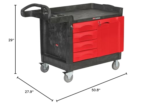 Rubbermaid Commercial Products TradeMaster Tool Storage Utility Cart, 4 Drawers + Cabinet, Small, 750 lb. Capacity, Black, for Warehouse/Garage/Cleaning/Maintenance