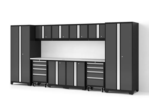 NewAge Products Bold XL Series Gray 12 Piece Garage Cabinets Set with Tool, Base, Wall Cabinets, Stainless Steel Worktop and 30 in. Lockers, Heavy Duty Steel Garage Storage System, 64017