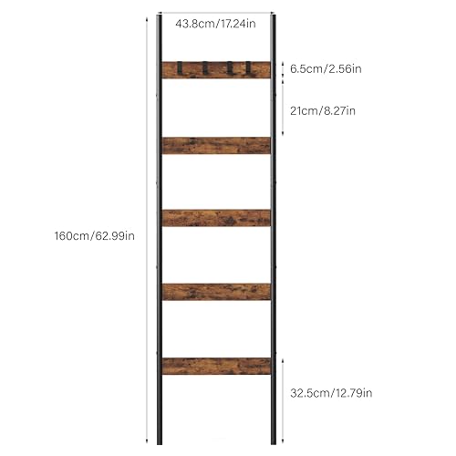 Blanket Ladder, 5-Tier Towel Holder with 4 Removable Hooks, Farmhouse Wall Leaning Decorative Rack Shelf, Wooden Towel Display Rack, Quilt Ladder for Living Room, Bedroom, Rustic Brown