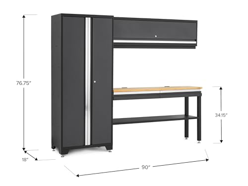 NewAge Products Bold Series Gray All-in-one 4pc Set, 30 in. Locker, Wall Cabinet, 60 in RTA Workbench with Bamboo Worktop, 24-Gauge Heavy Duty Steel Garage Storage Cabinets, 73501