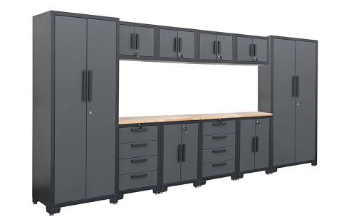 TCE Heavy Duty 12 Piece Garage Storage System: Metal Organization Workbench and 4-Drawers Rolling Cabinet, Black/Grey