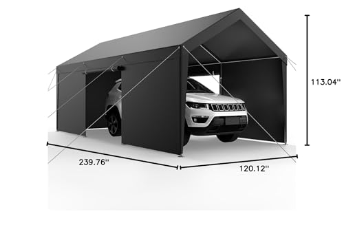 VEVOR Upgraded 10x20 FT Heavy Duty Carport Canopy with Roll-up Windows, All-Season Portable Garage with Removable Sidewalls & Doors, 12 Stakes & 12 Ropes, Car Tent for Car, Truck, Boat, Equipment
