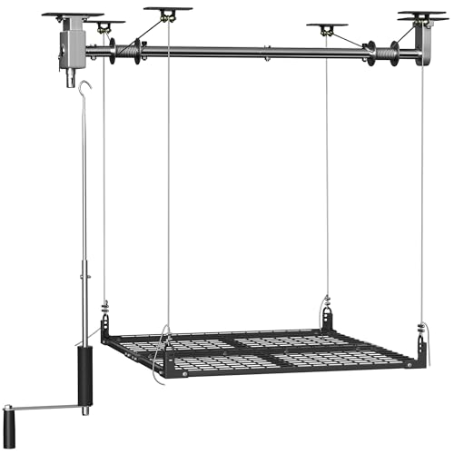 Soywey Garage Ceiling Storage Racks,4x4 FT Garage Storage Lift with Secure Lock,Heavyweight Overhead Rack for Easy Up Down,Industrial Elevator System Holds 400 Lbs