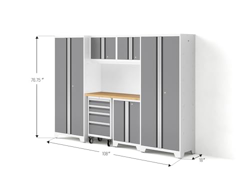NewAge Products Bold Series 7 Piece Set, Garage Cabinets, White with Stainless Steel Worktop, 54871
