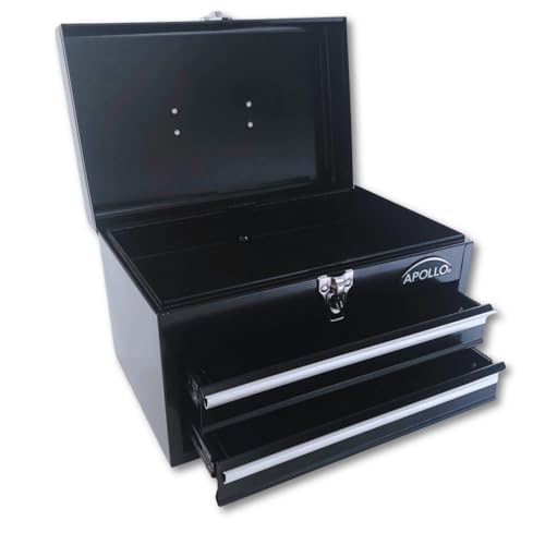 Apollo Tools 14 Inch Steel Tool Box with Deep Top Compartment and 2 Drawers in Heavy-Duty Steel With Ball Bearing Opening and Powder Coated Finish Black