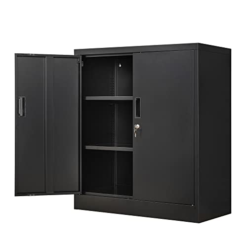 Wanfu Metal Storage Cabinet, 36" H Locking Storage Cabinet with 2 Adjustable Shelves, Metal Cabinets for Garage, Home, Office, Utility Room-Black