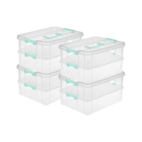 Sterilite 4-Pack Stack & Carry, 2 Layer Handle Box for Home & Office Storage - Clear Base & Lid with Color Latches, Organizer for Art & Craft Supplies, Sewing Tools or 8.5" x 11" Paper