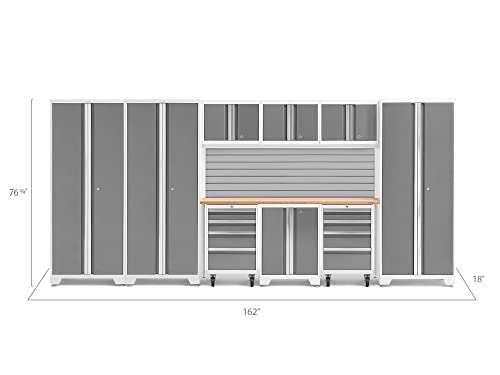 ‎‎‎NewAge Products Garage Cabinets Bold Series Gray 10 PC Set (72" Bamboo Worktops, Backsplash Kits, 2 Rolling Tool Drawer, Two-Door Base, 3 Wall Cabinets, 3 Multi-Use Lockers), 56029
