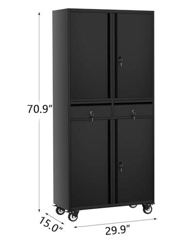 GarveeHome 72" Metal Storage Cabinet with Wheels, Locking Doors & 2 Drawers,Heavy Duty Rolling Garage Organizer with 2 Adjustable Shelves (with Wheels, with 2 Draws)