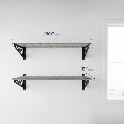 MonsterRax | Garage Wall Shelf Two-Pack White or Hammertone | Three Size Options | Includes Bike Hooks | 500lb Weight Capacity (Hammertone, 18"x36")