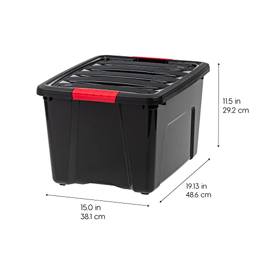 IRIS USA 40 Qt Stackable Plastic Storage Bins with Lids, 6 Pack - BPA-Free, Made in USA - Garage Organizing Solution, Latches, Durable Nestable Containers, Secure Pull Handle - Black